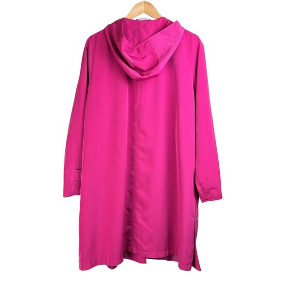 Gallery Pink Hood Button Closure Padded Shoulder Lined Long Rain Jacket Pockets - Picture 10 of 13